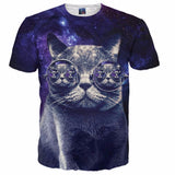 Blue Space Galaxy Cat with Glasses 3D T-shirt