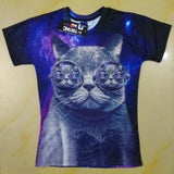 Blue Space Galaxy Cat with Glasses 3D T-shirt
