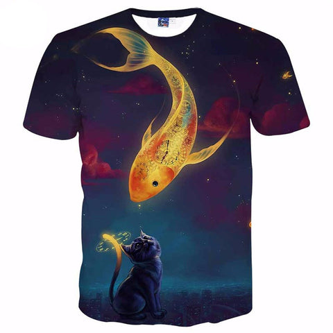Space Galaxy Cat Kiss Golden Fish T-shirt for Men/Women